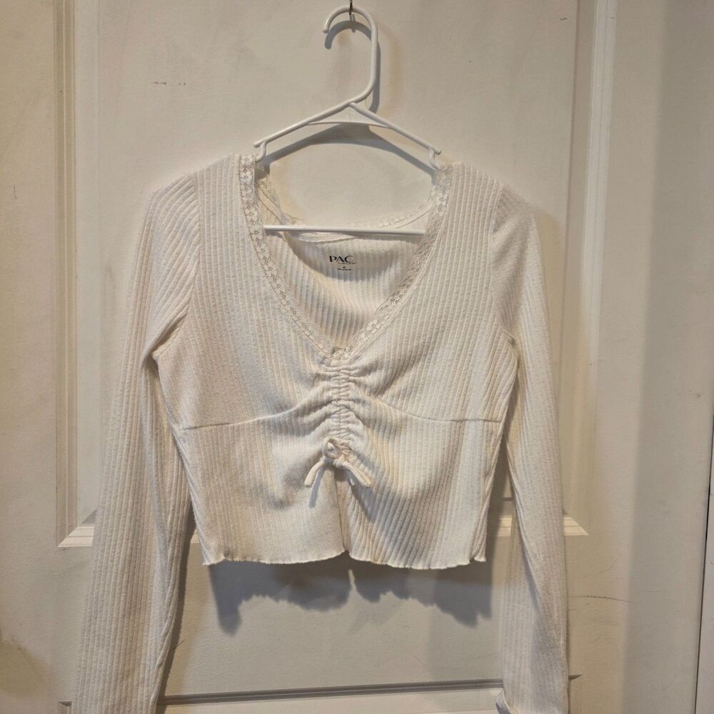 PacSun PAC Cares Ribbed Lace Trim Ruched Crop Top Women's Medium Ivory